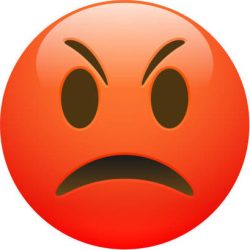 Vector Emoji red angry sad face with eyes and mouth on white background. Funny cartoon Emoji icon. 3D illustration for chat or message.